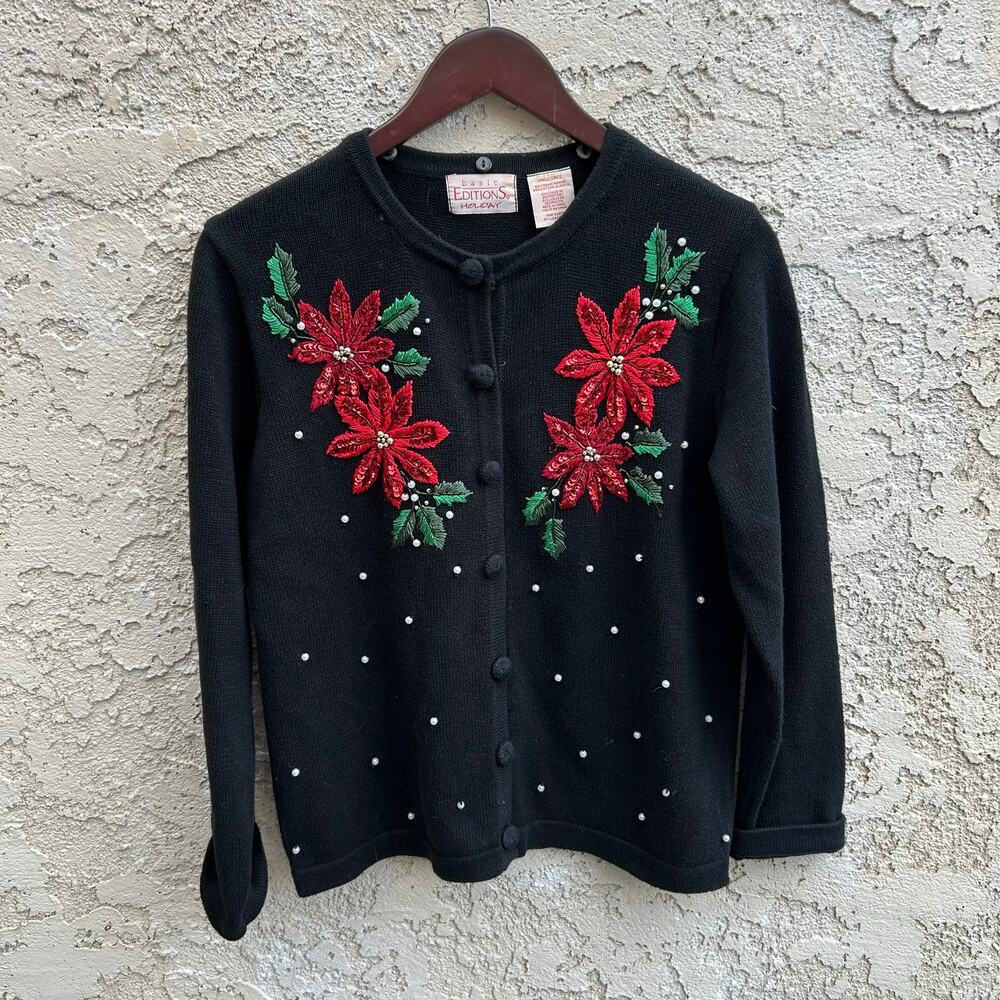 Vintage Basic Editions Holiday Poinsettia Beaded Cardigan Size Small